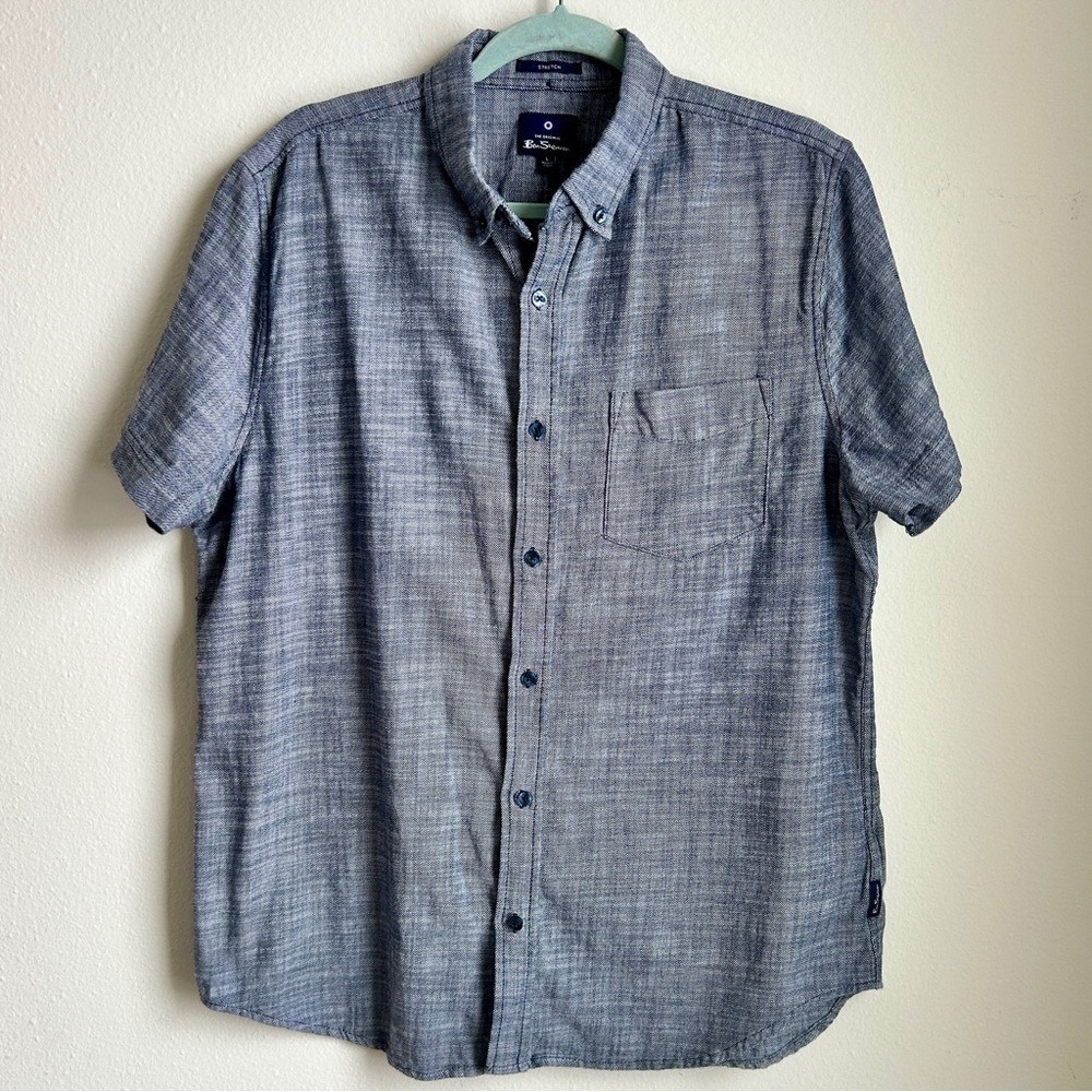 Ben Sherman Mens Short‎ Sleeve Button Down Shirt Blue Chambray Stretch Size L
